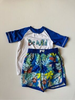 Blue & White 'Be Wild' Rash Guard Swim Set